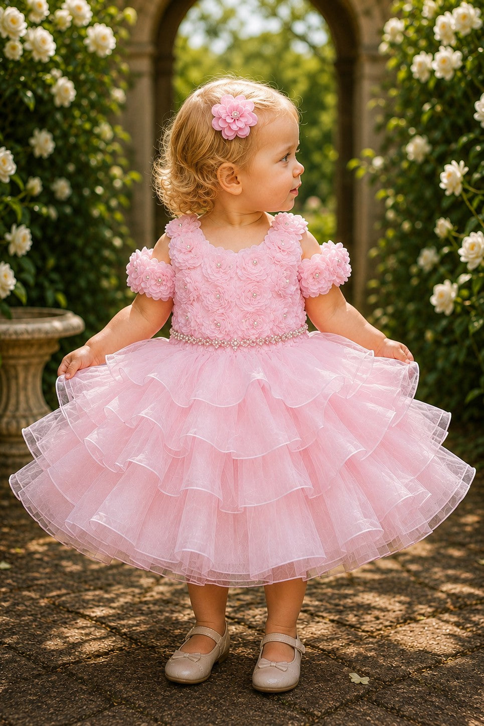 Floral Cold-Shoulder Tea-Length Organza Baby Ball Gown Cinderella Couture 9196B