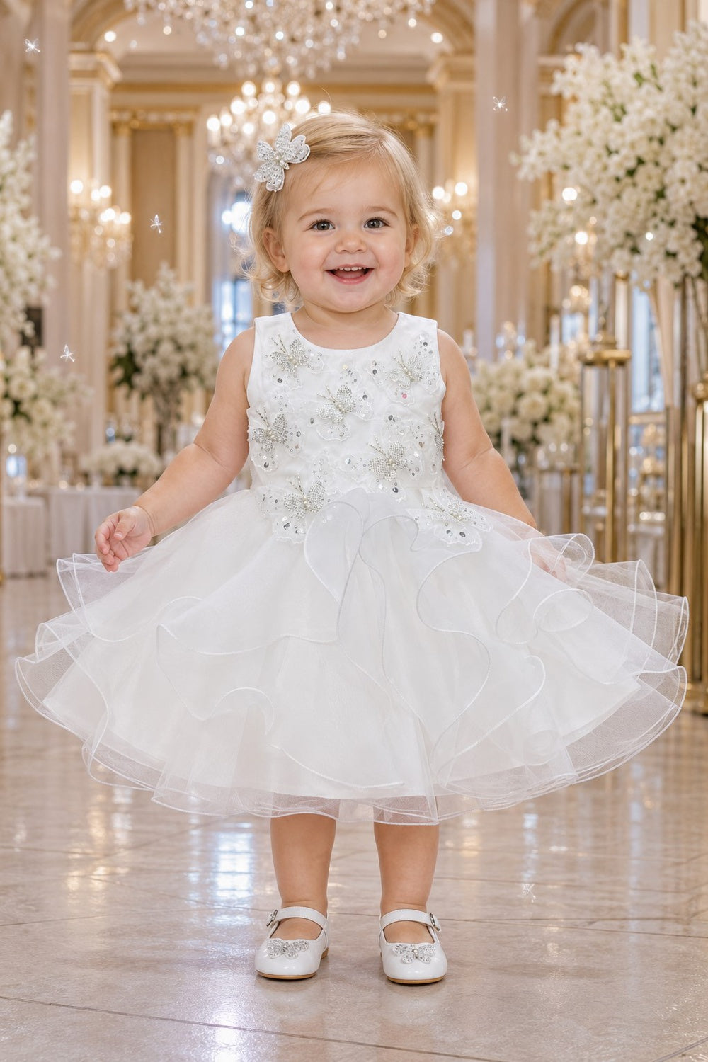 Jewel Neck Tea-Length Organza Butterfly Baby Ball Gown Cinderella Couture 9197B