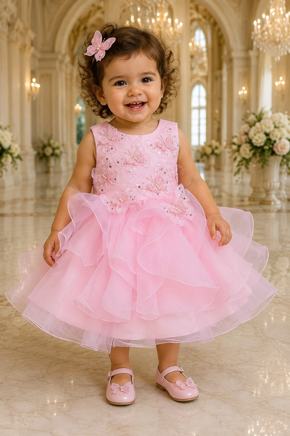 Jewel Neck Tea-Length Organza Butterfly Baby Ball Gown Cinderella Couture 9197B