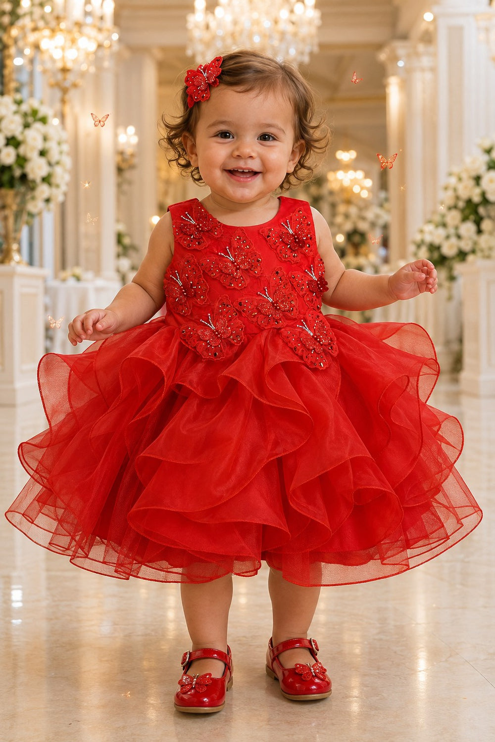 Jewel Neck Tea-Length Organza Butterfly Baby Ball Gown Cinderella Couture 9197B