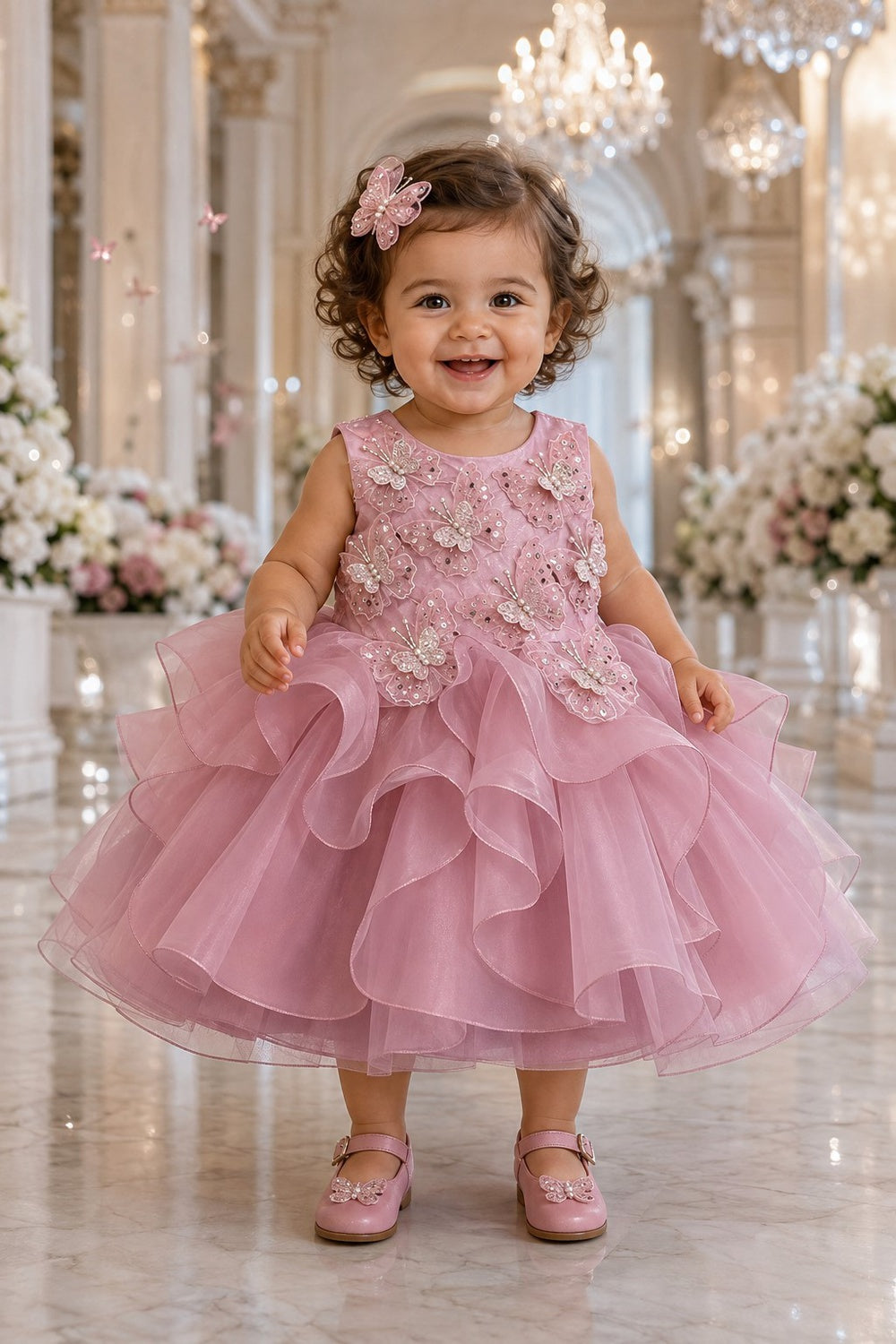 Jewel Neck Tea-Length Organza Butterfly Baby Ball Gown Cinderella Couture 9197B