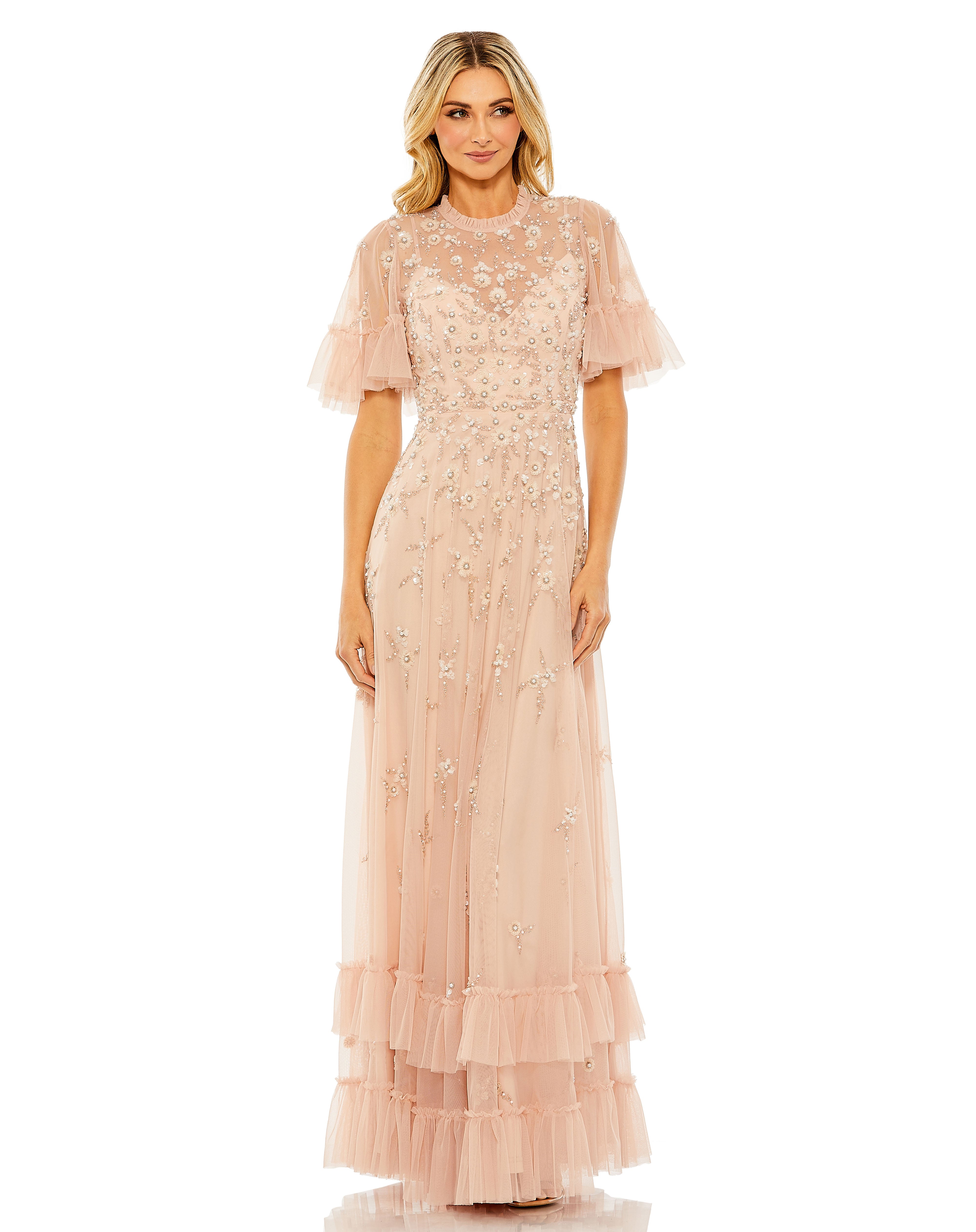 Long Formal Beaded Short Sleeve Dress Beaded & Short Sleeves Mac Duggal 9199