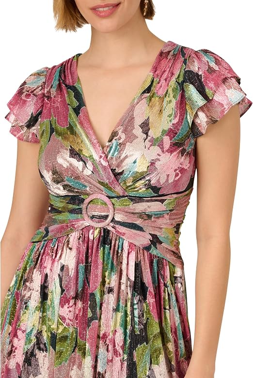 Navy Pink Multi Adrianna Papell AP1E212084 V-Neck Short Metallic Floral Cocktail Flutter Sleeves