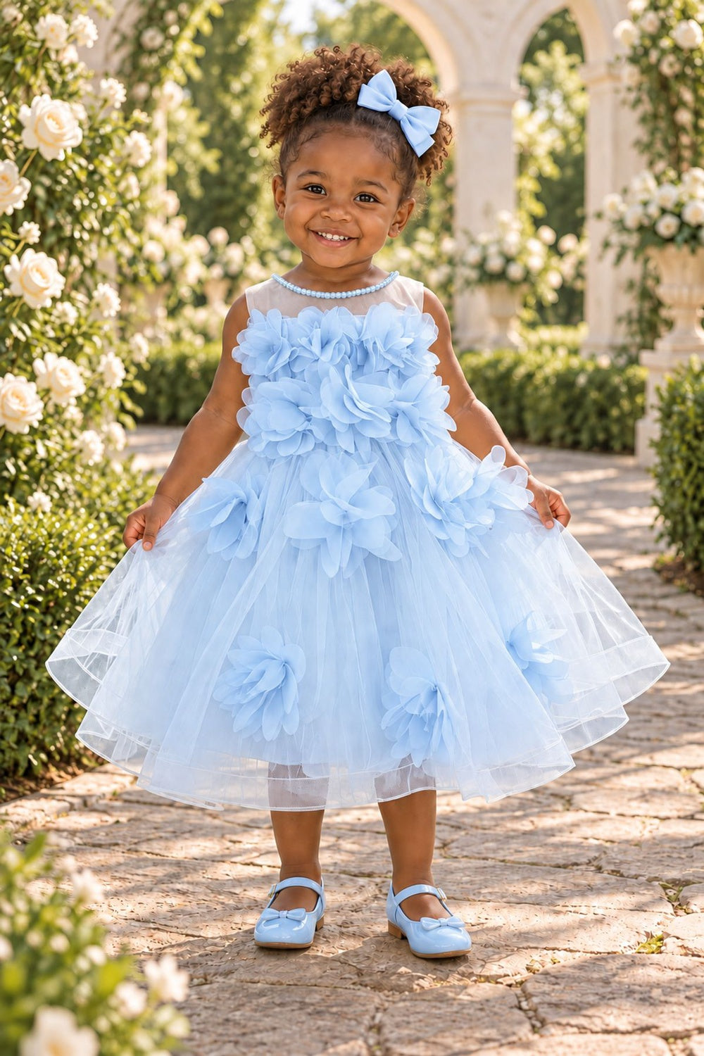 Illusion Jewel Neck Tea-Length Tulle 3D Floral Baby Ball Gown Cinderella Couture 9203B