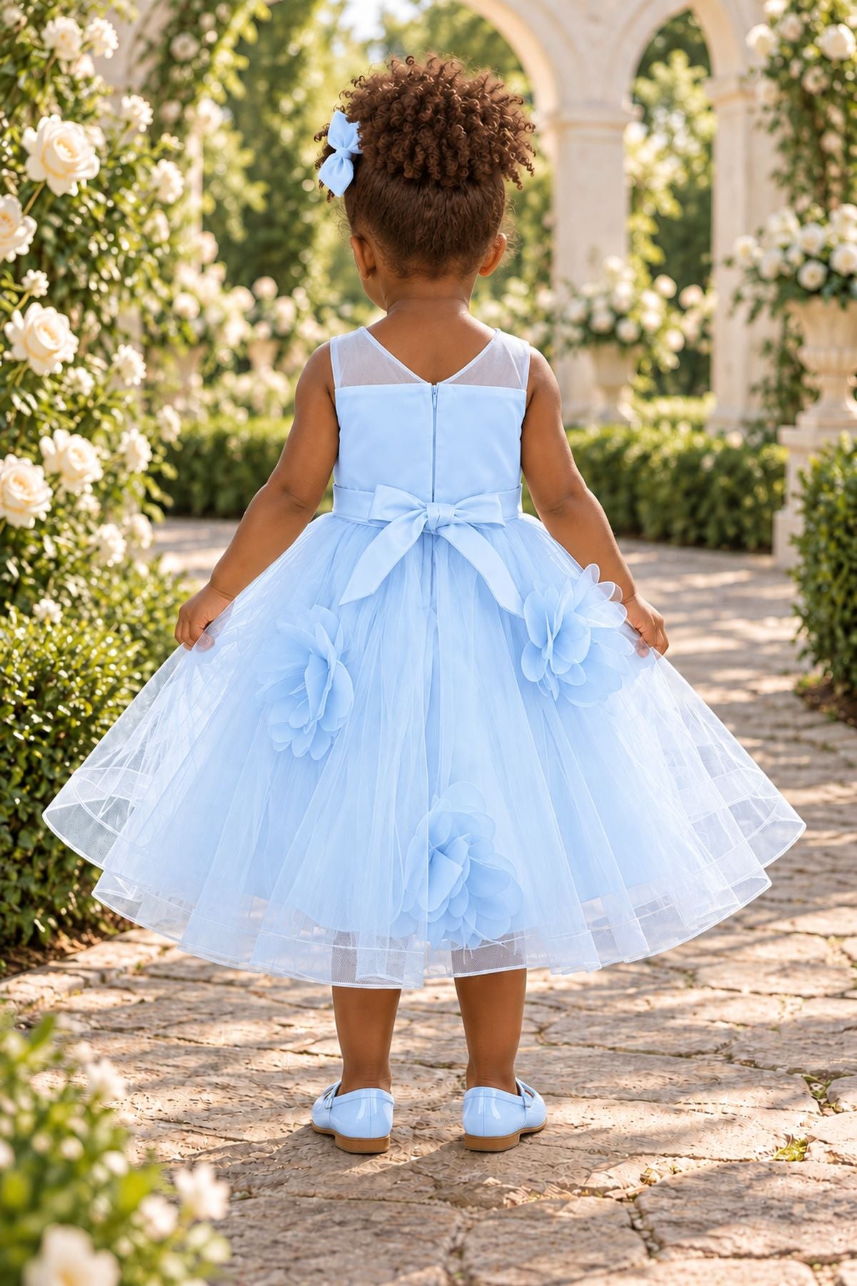 Illusion Jewel Neck Tea-Length Tulle 3D Floral Baby Ball Gown Cinderella Couture 9203B