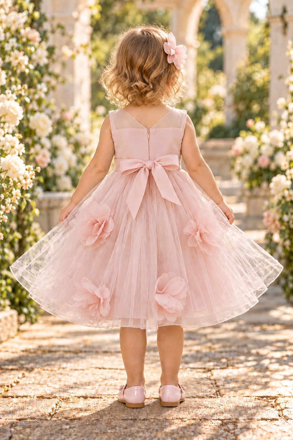 Illusion Jewel Neck Tea-Length Tulle 3D Floral Baby Ball Gown Cinderella Couture 9203B