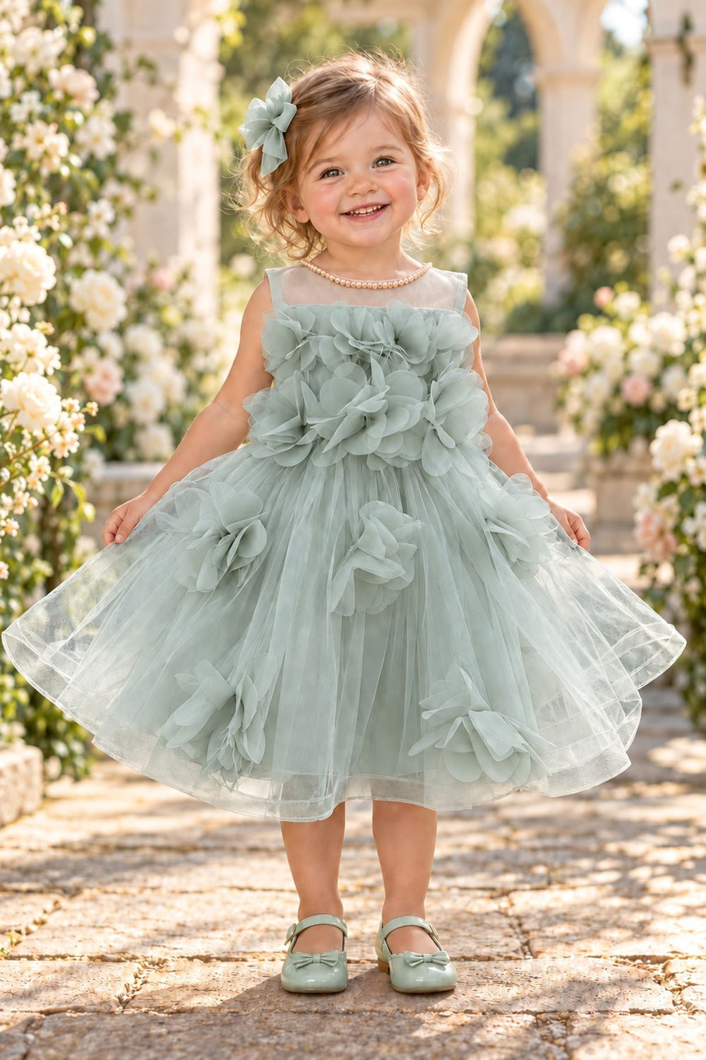 Illusion Jewel Neck Tea-Length Tulle 3D Floral Baby Ball Gown Cinderella Couture 9203B