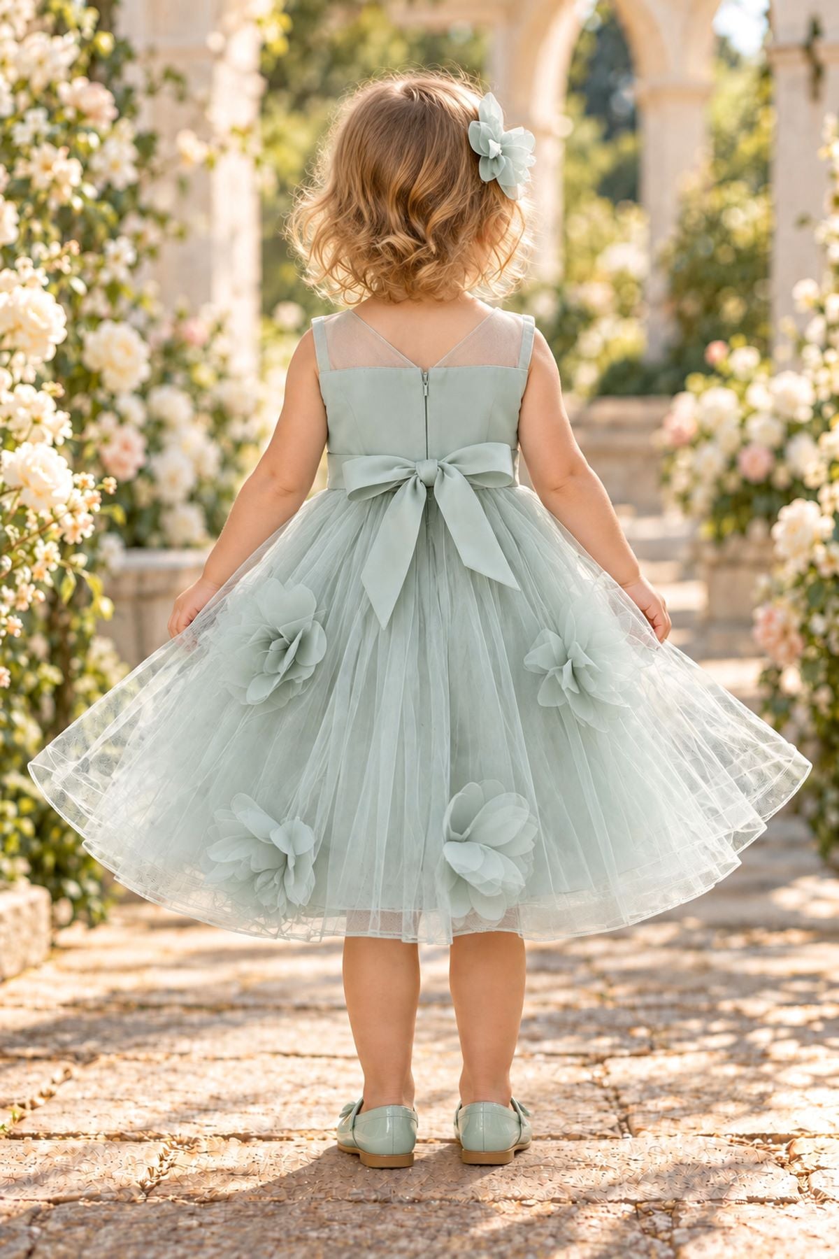 Illusion Jewel Neck Tea-Length Tulle 3D Floral Baby Ball Gown Cinderella Couture 9203B