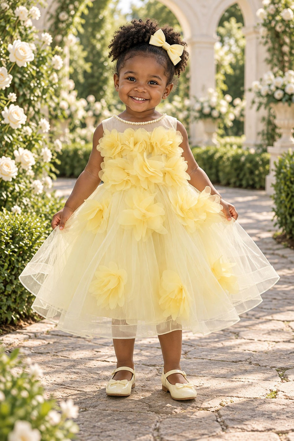 Illusion Jewel Neck Tea-Length Tulle 3D Floral Baby Ball Gown Cinderella Couture 9203B
