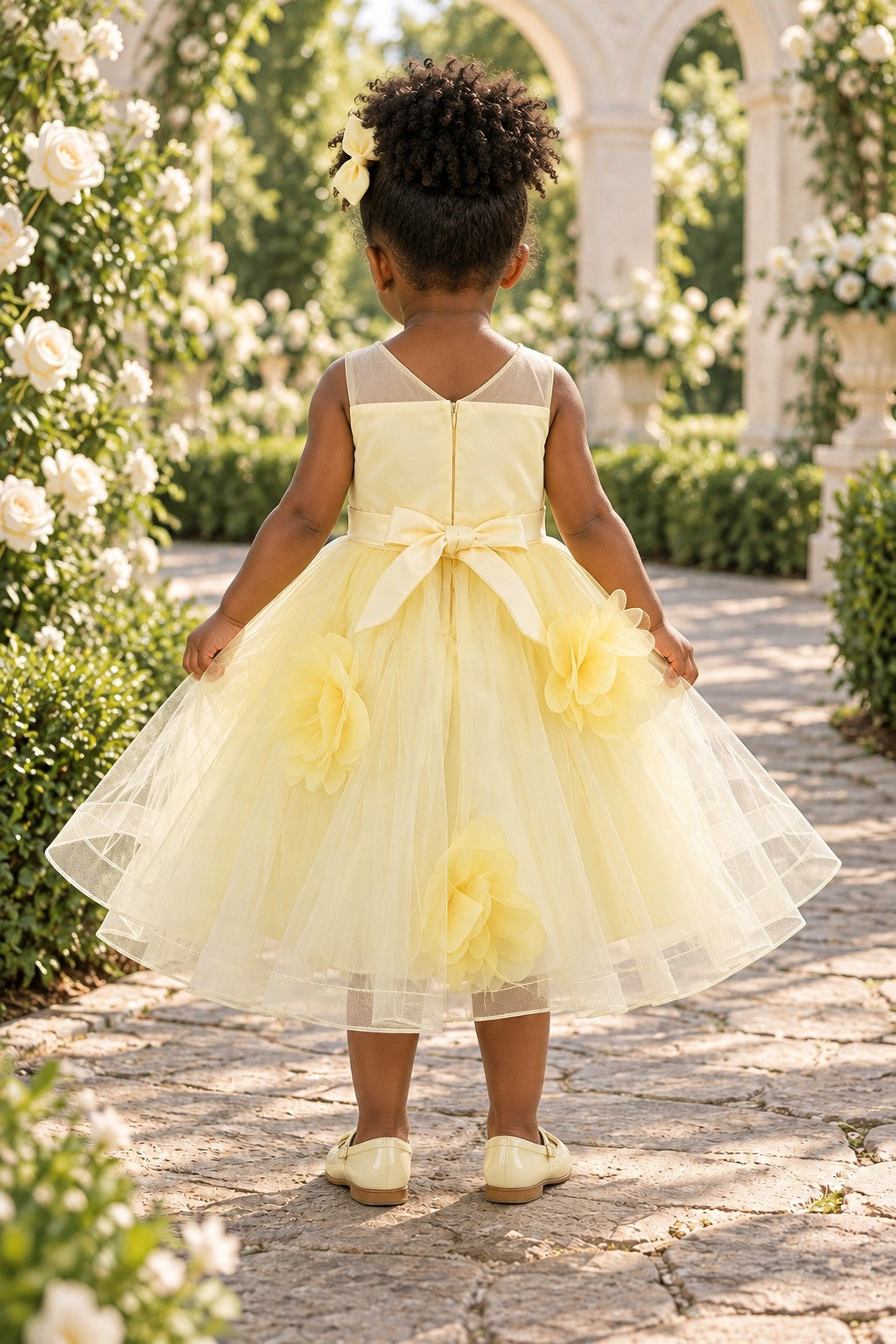 Illusion Jewel Neck Tea-Length Tulle 3D Floral Baby Ball Gown Cinderella Couture 9203B