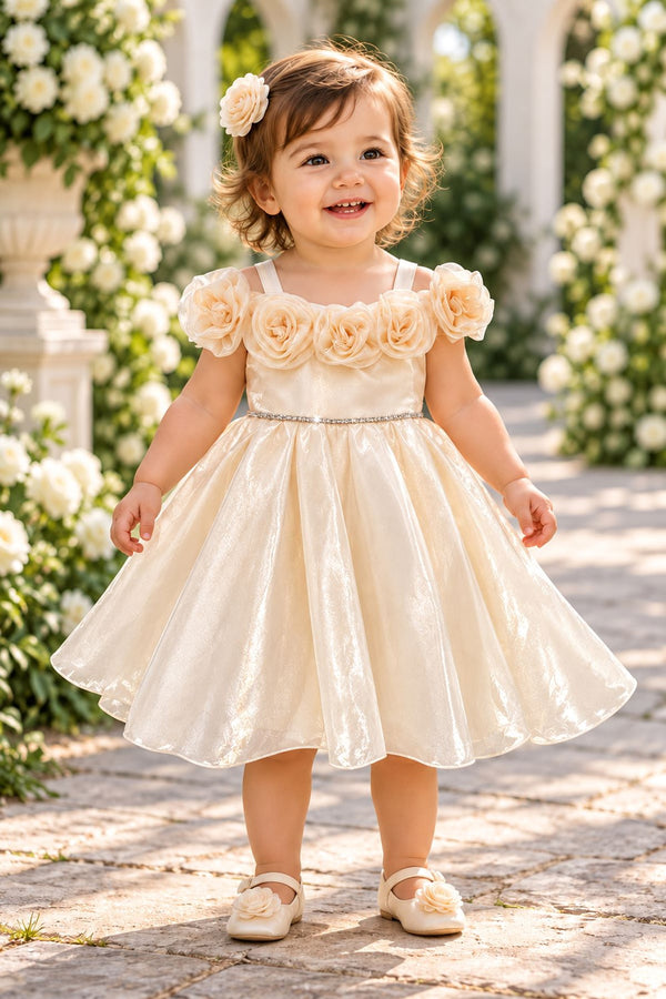 Wide-Strap Tea-Length 3D Rosebud Baby Ball Gown Cinderella Couture 9204B