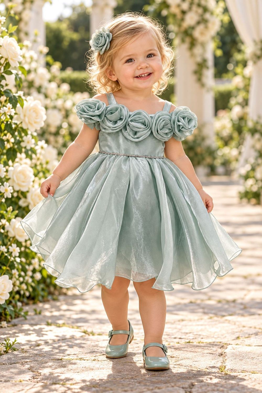 Wide-Strap Tea-Length 3D Rosebud Baby Ball Gown Cinderella Couture 9204B