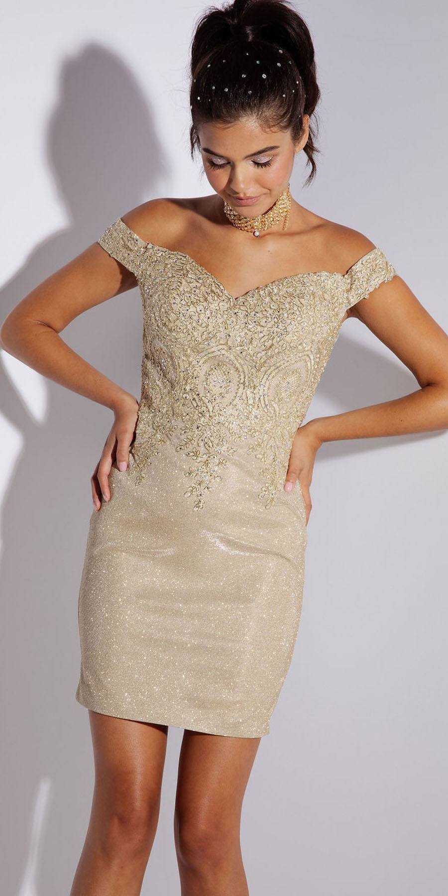Cocktail Dresses Short Fitted Glitter Cocktail Dress Eureka Fashion 9206 Champagne