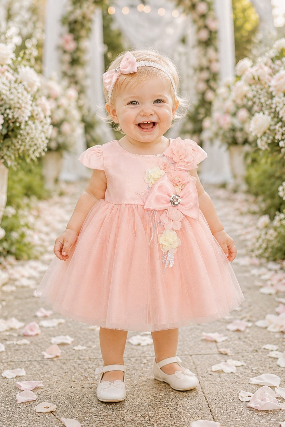 Scoop Neck Cap Sleeve Knee-Length Tulle Floral Baby Dress Cinderella Couture 9211B