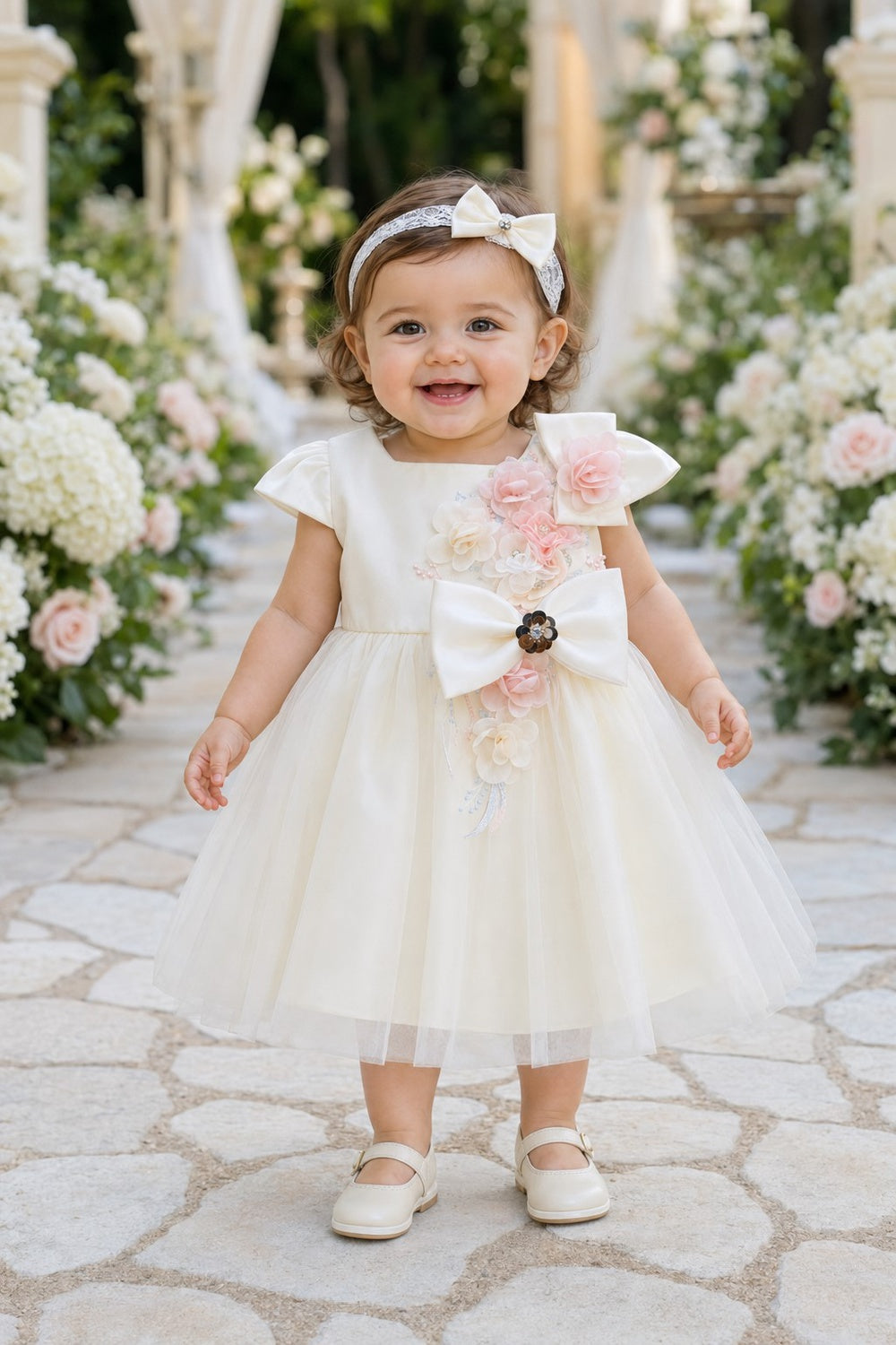 Scoop Neck Cap Sleeve Knee-Length Tulle Floral Baby Dress Cinderella Couture 9211B