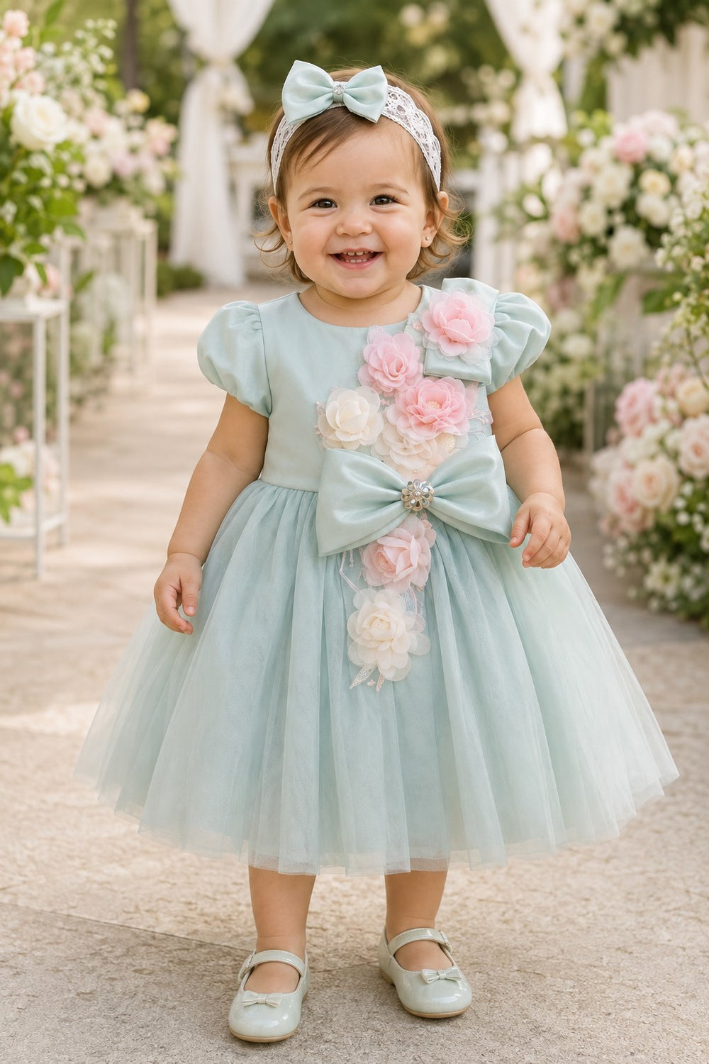 Scoop Neck Cap Sleeve Knee-Length Tulle Floral Baby Dress Cinderella Couture 9211B