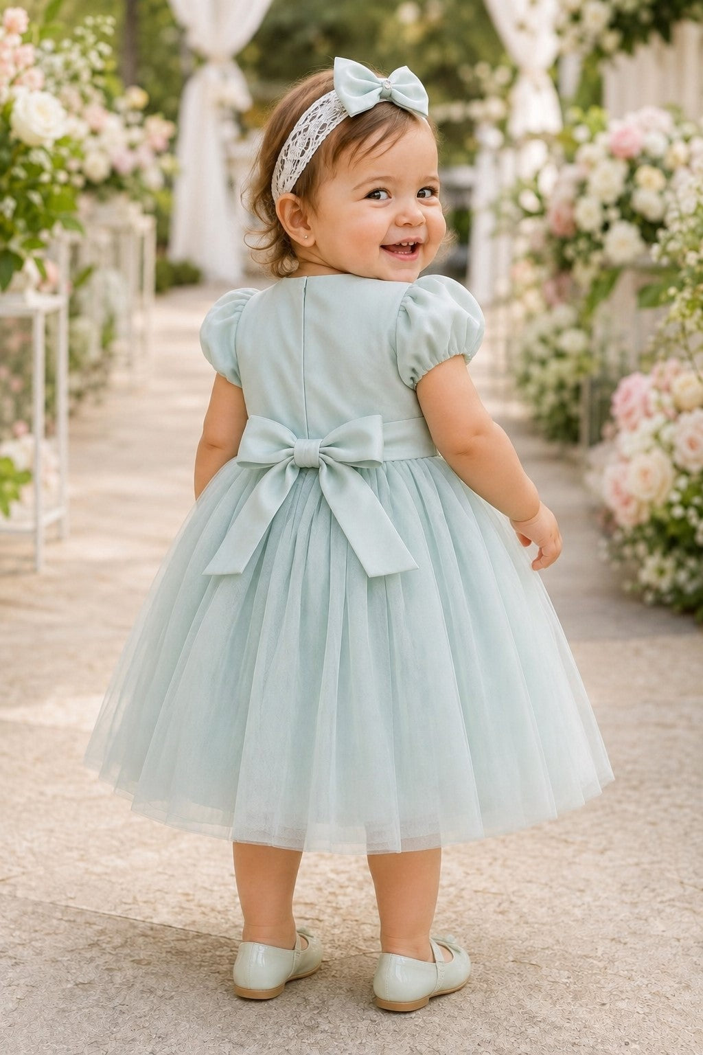 Scoop Neck Cap Sleeve Knee-Length Tulle Floral Baby Dress Cinderella Couture 9211B