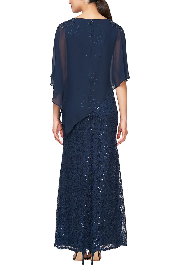 SL Fashions Women's Sequin Lace Chiffon Caplet Gown - Navy
