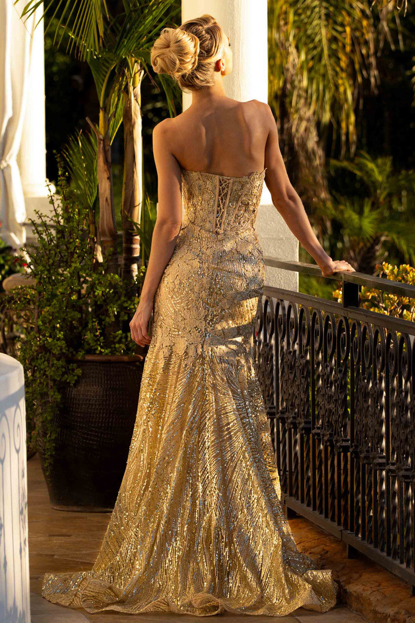 Sweetheart Mermaid Sequin Formal Gown by Lenovia 8424 in Gold