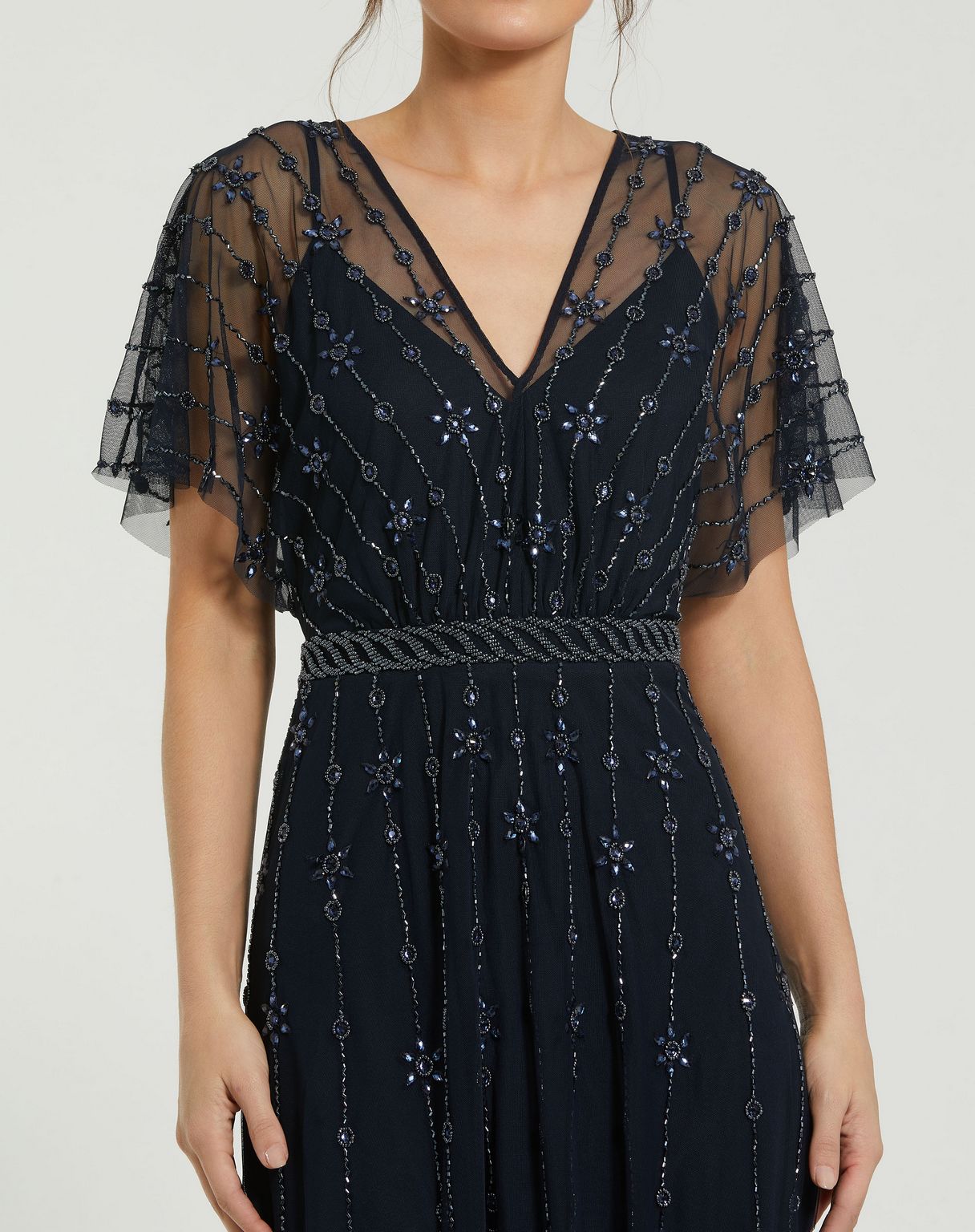 Formal Dresses Long Formal Beaded Short Sleeve Dress Midnight