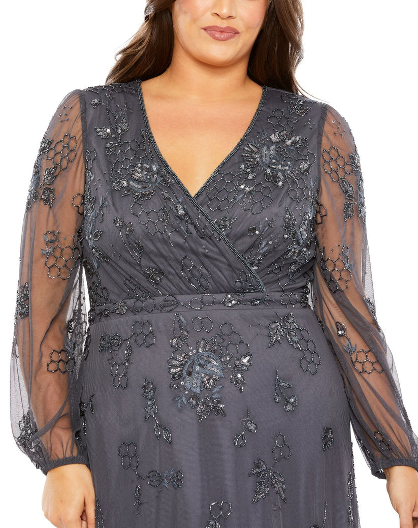 plus size cocktail dress long sleeve Mac Duggal Women's Plus Puff Sleeve V-Neck Tiered Embellished Gown - Blue - Size 24
