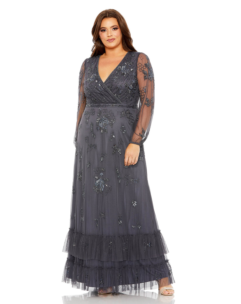Mac Duggal Plus Puff Sleeve V-Neck Tiered Embellished Gown - Charcoal Mac Duggal Plus Puff Sleeve V-Neck Tiered Embellished Gown - Charcoal