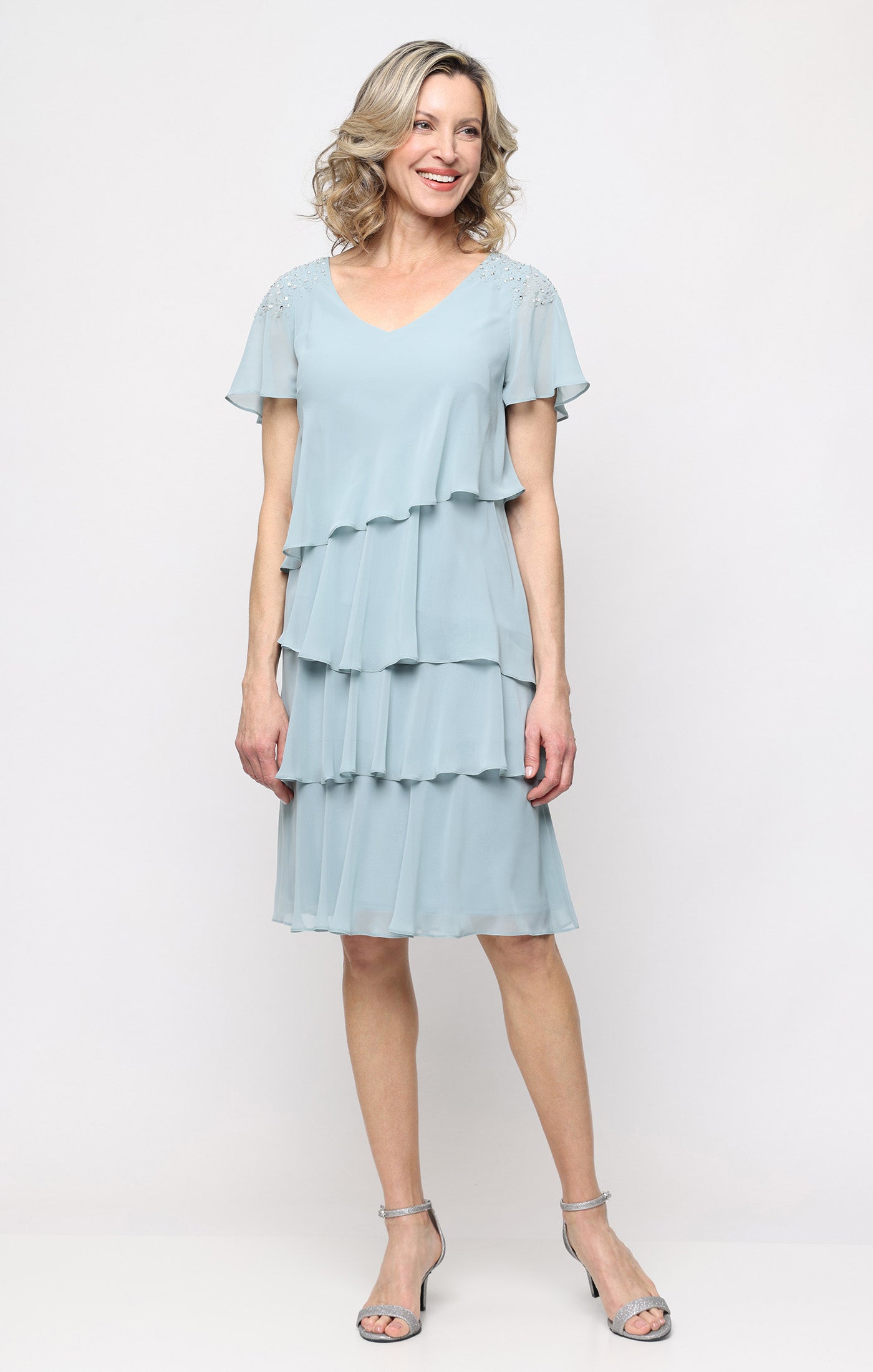 V-Neck Knee-Length Chiffon Cocktail A-Line SL Fashions 9270745