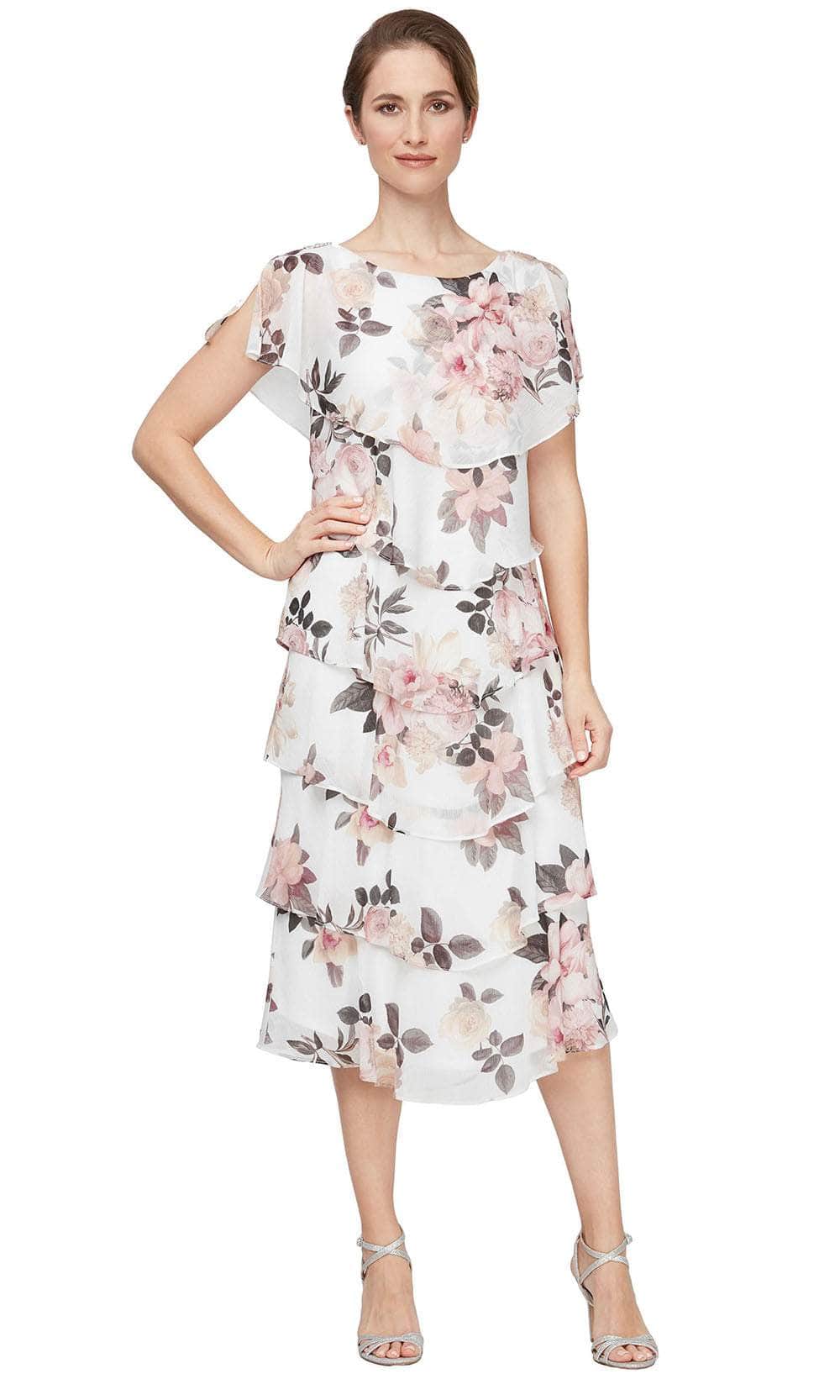 SL Fashions 9271803 Floral Petite Tiered Tea Length Dress