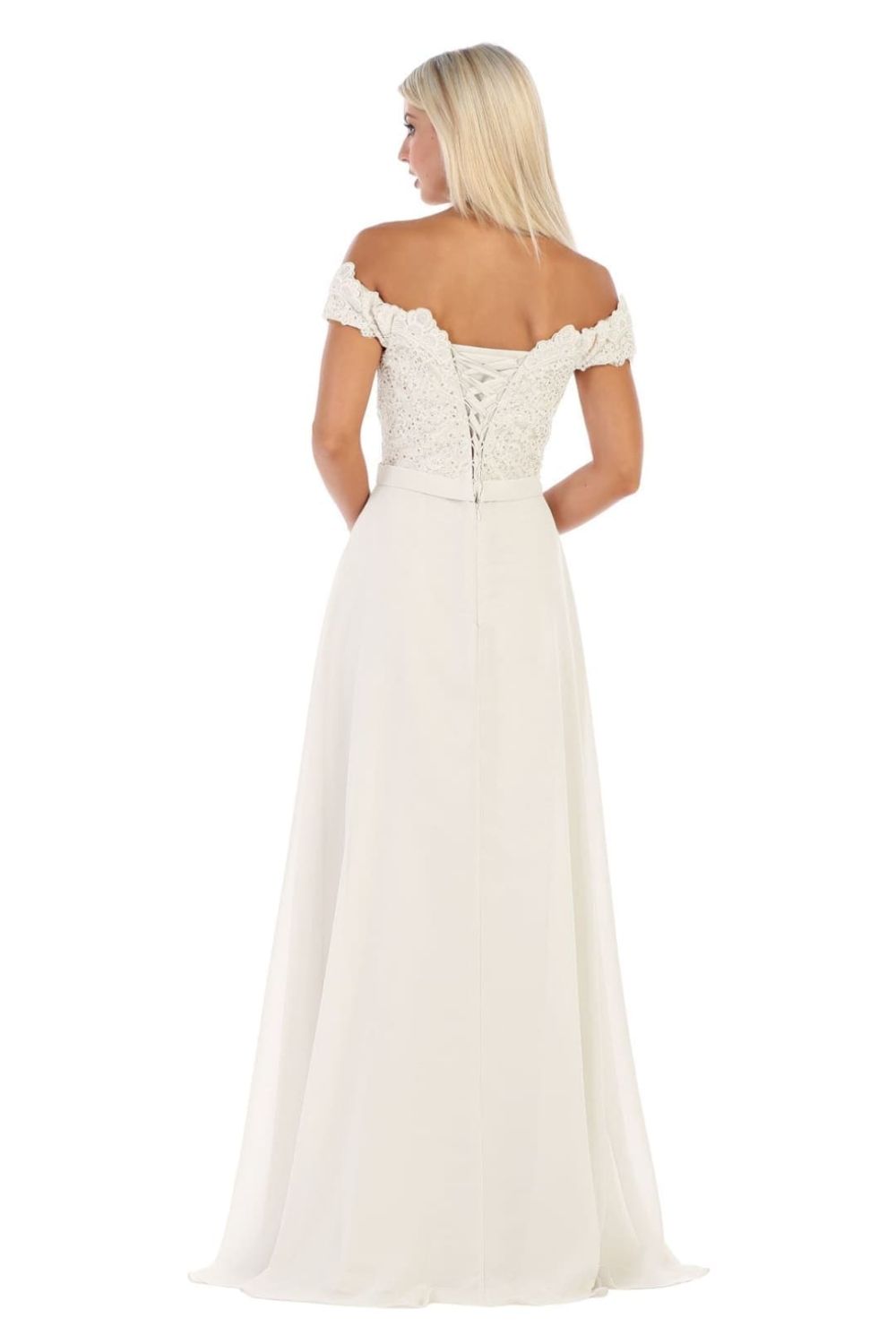 Ivory May Queen MQ1601 Off-The-Shoulder Floor-Length Chiffon Wedding Beaded Gown