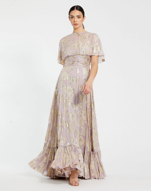 Long Floral Print Cape Sleeve Formal Dress A Line Mac Duggal 9304