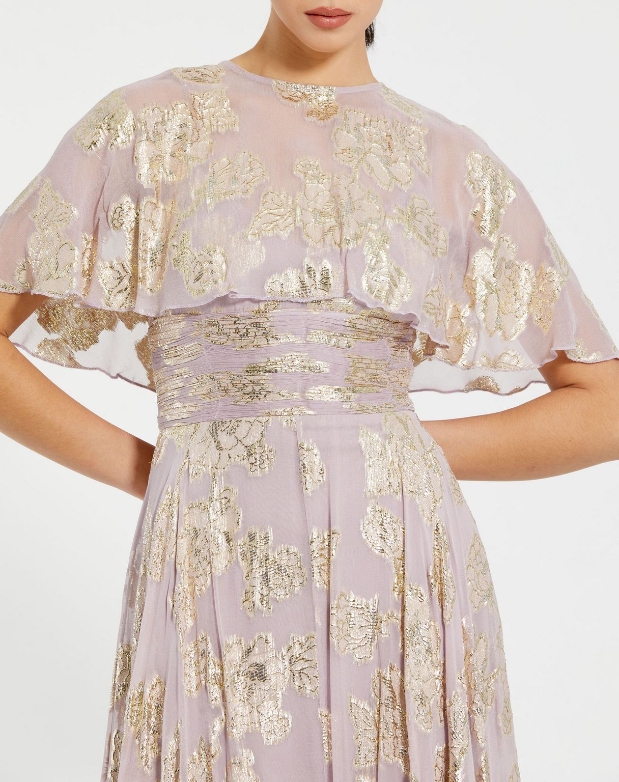 Mac Duggal 9304 A Line Long Floral Print Cape Sleeve Formal Dress