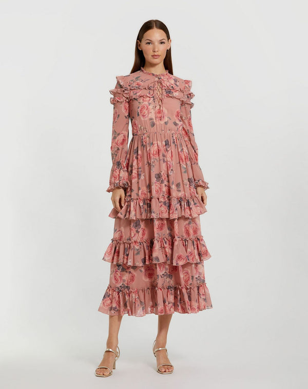 Tea Length Floral Layered Dress Cocktail Midi Mac Duggal 9306