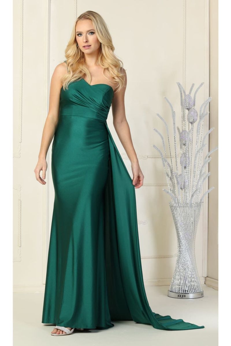Hunter Green One-Shoulder Floor-Length Jersey Formal Gown Side Train May Queen MQ1834