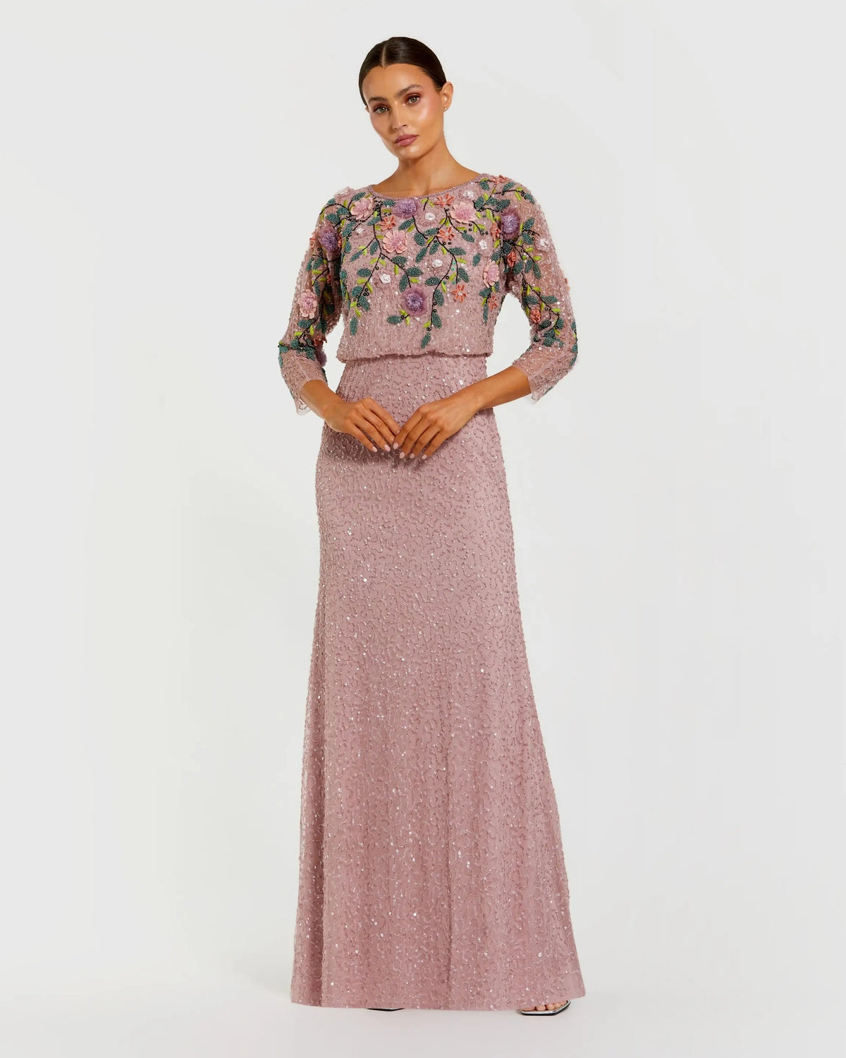 Long Formal Beaded Floral Evening Dress Mac Duggal 9341 Vintage Lilac Multi front view