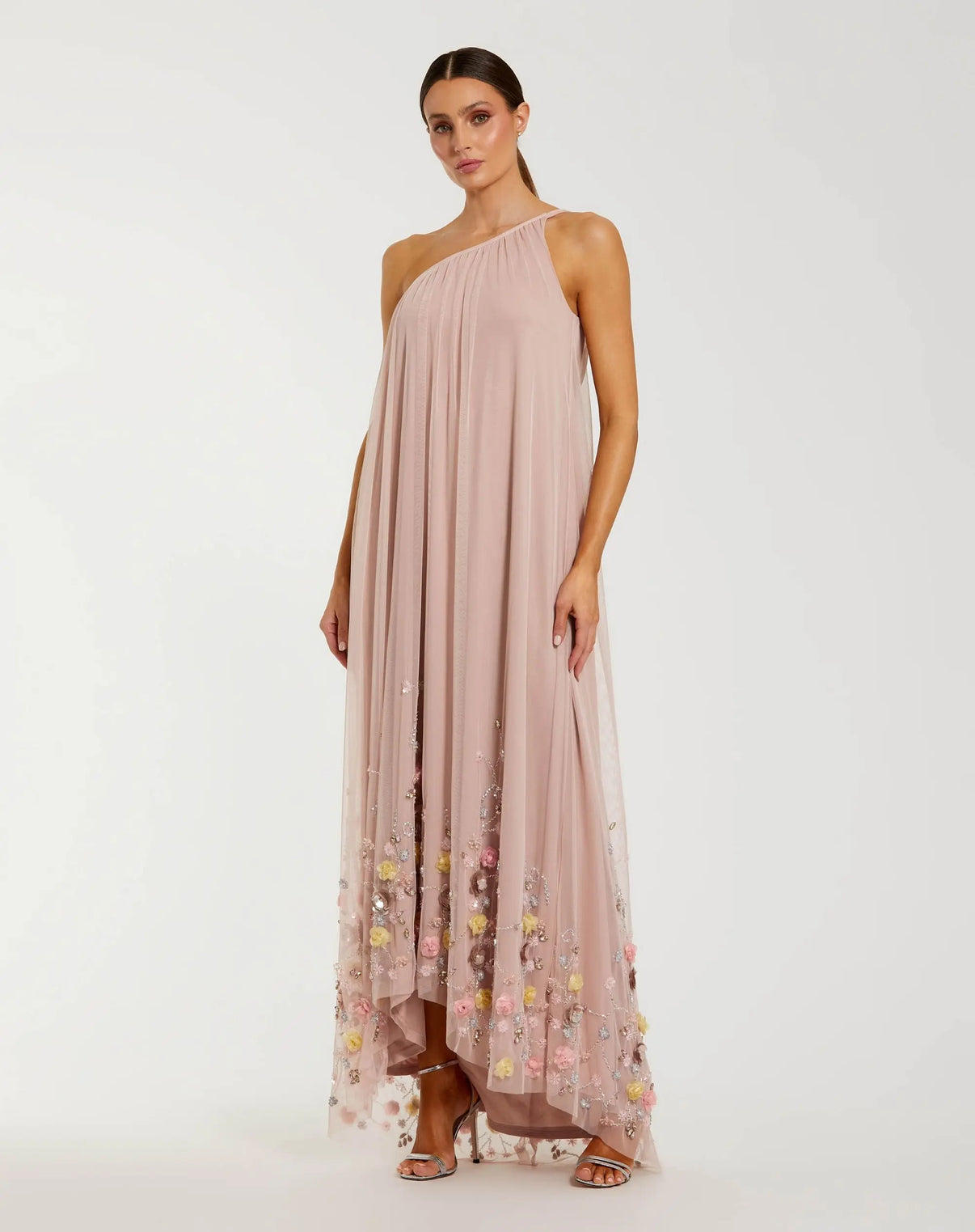 One Shoulder High Low Tulle Formal Dress by Mac Duggal 9354 in Rose