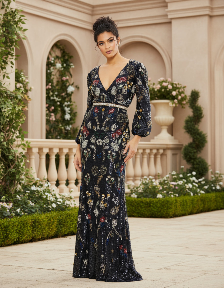 Formal Dresses Wrap Over Beaded Long Sleeve Formal Dress Midnight Multi