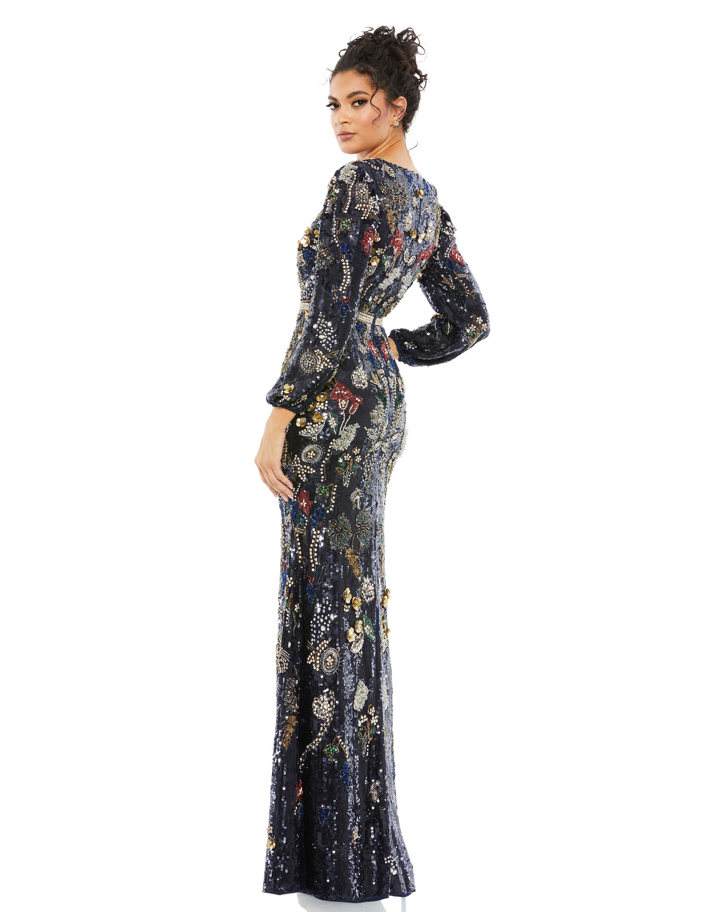 Formal Dresses Wrap Over Beaded Long Sleeve Formal Dress Midnight Multi
