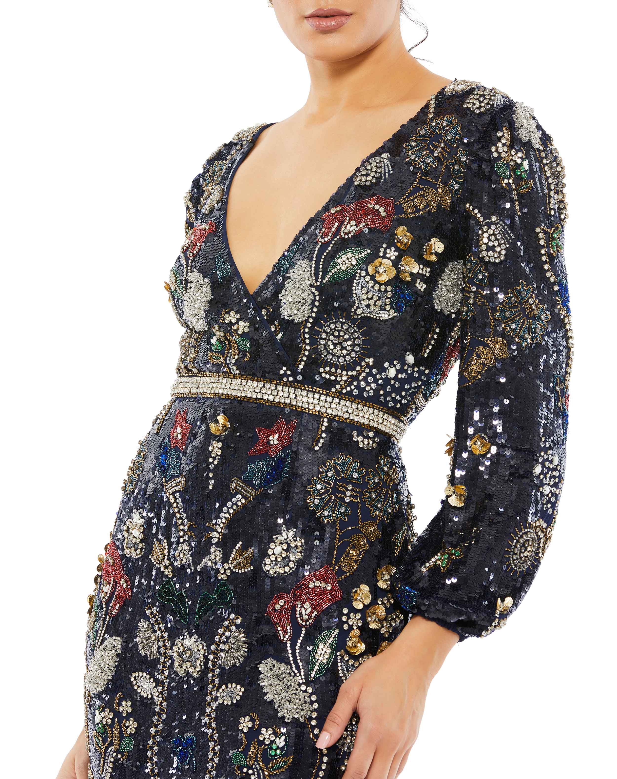 Formal Dresses Wrap Over Beaded Long Sleeve Formal Dress Midnight Multi