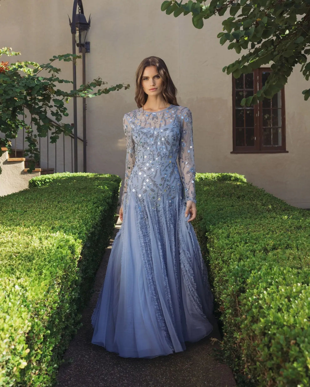 Slate Blue Crew Floor-Length Sequin Tulle Mother of the Bride Dress with Long Sleeves Mac Duggal 9357
