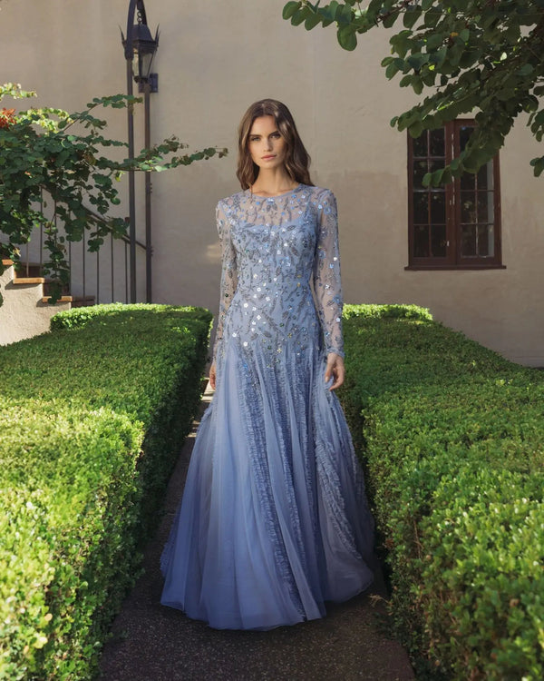 Crew Floor-Length Sequin Tulle Mother of the Bride Dress with Long Sleeves Mac Duggal 9357