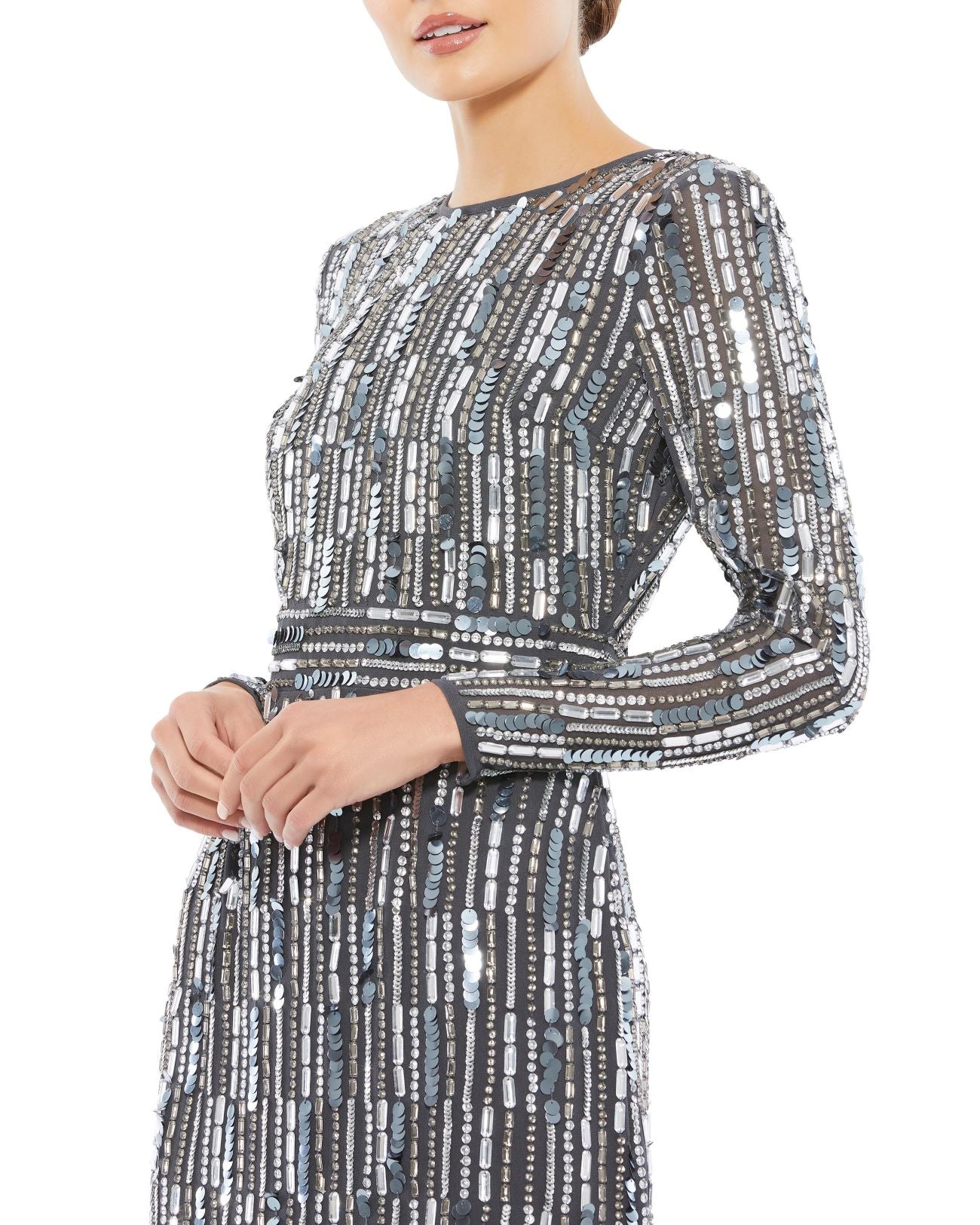 Mac Duggal 93590A Long Sleeve Formal Beaded Midi Dress