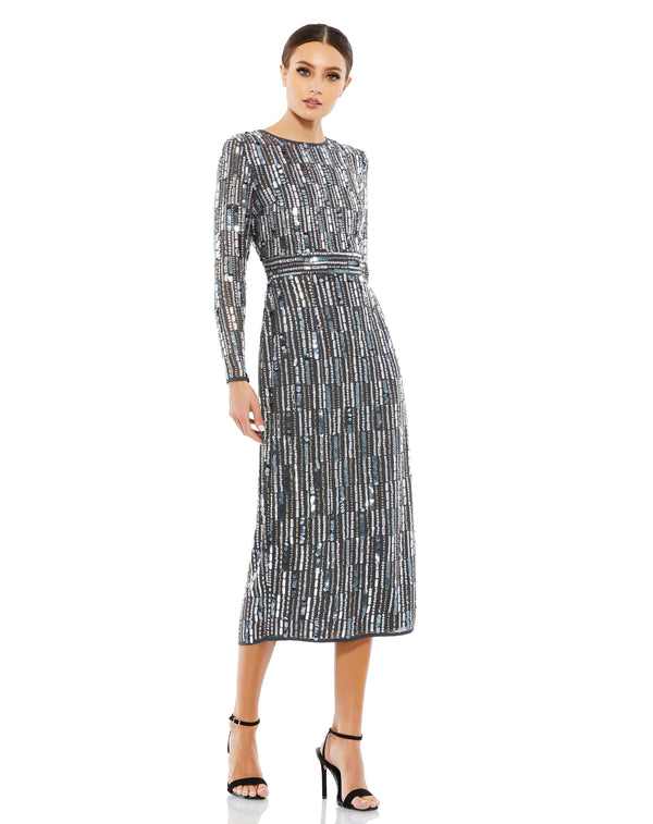 Long Sleeve Formal Beaded Midi Dress–Formal Beaded Midi Long Sleeve–Mac Duggal 93590A