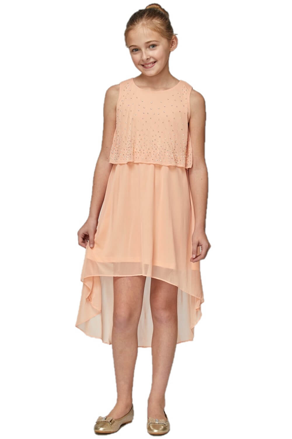 Peach Crew Neck High Low Chiffon Party Dress with Rhinestone Overlay Cinderella Couture 9360