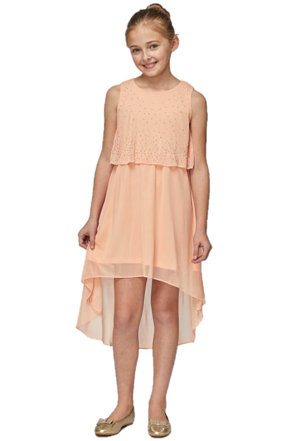 Crew Neck High Low Chiffon Party Dress with Rhinestone Overlay Cinderella Couture 9360