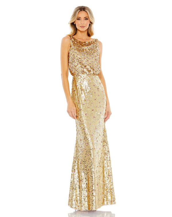 Sequined Sleeveless Long Gown High Neck Sheath Mac Duggal 93645