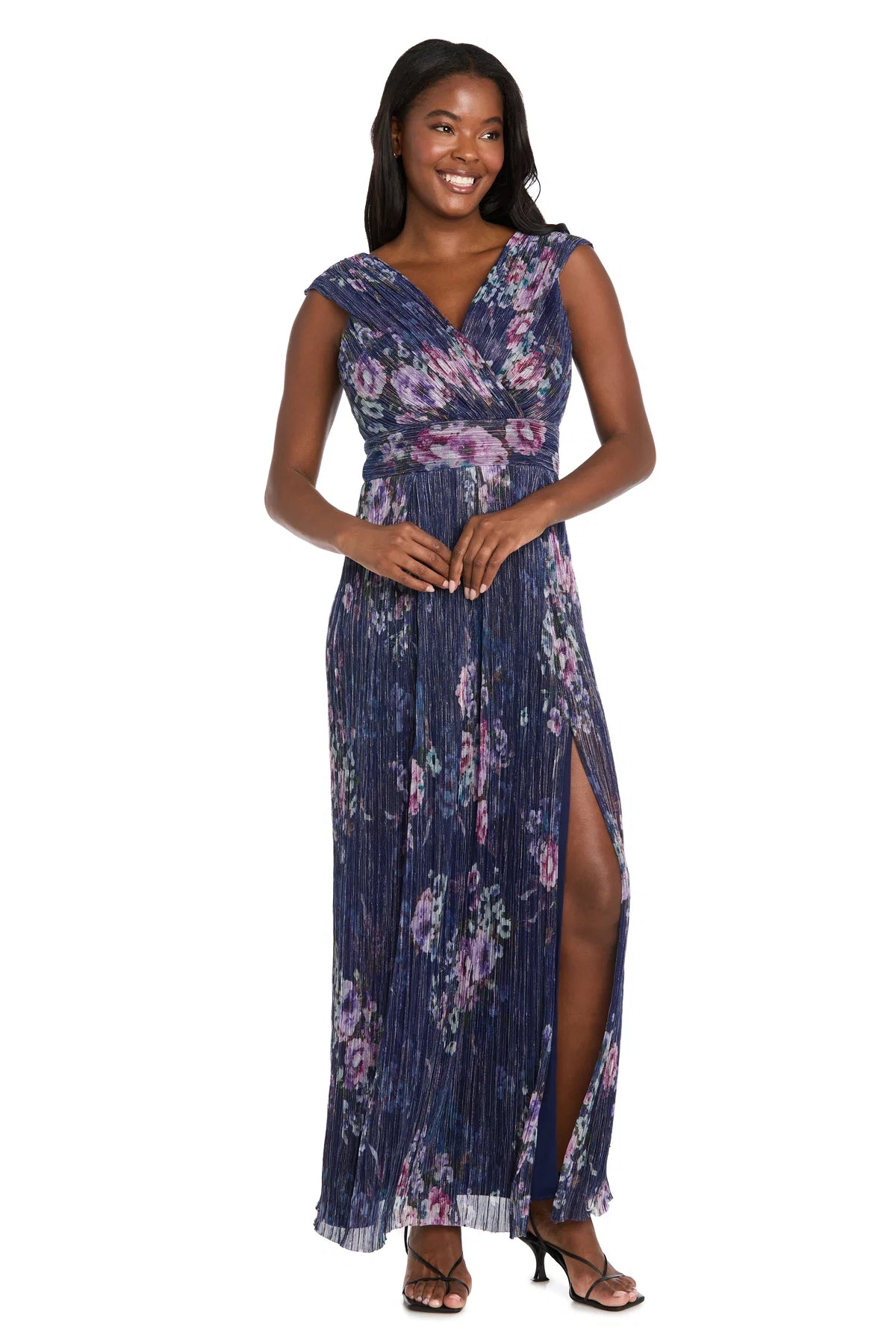 Mother of the Bride Dresses Long Cap Sleeve Floral Formal Dress Navy/Muli