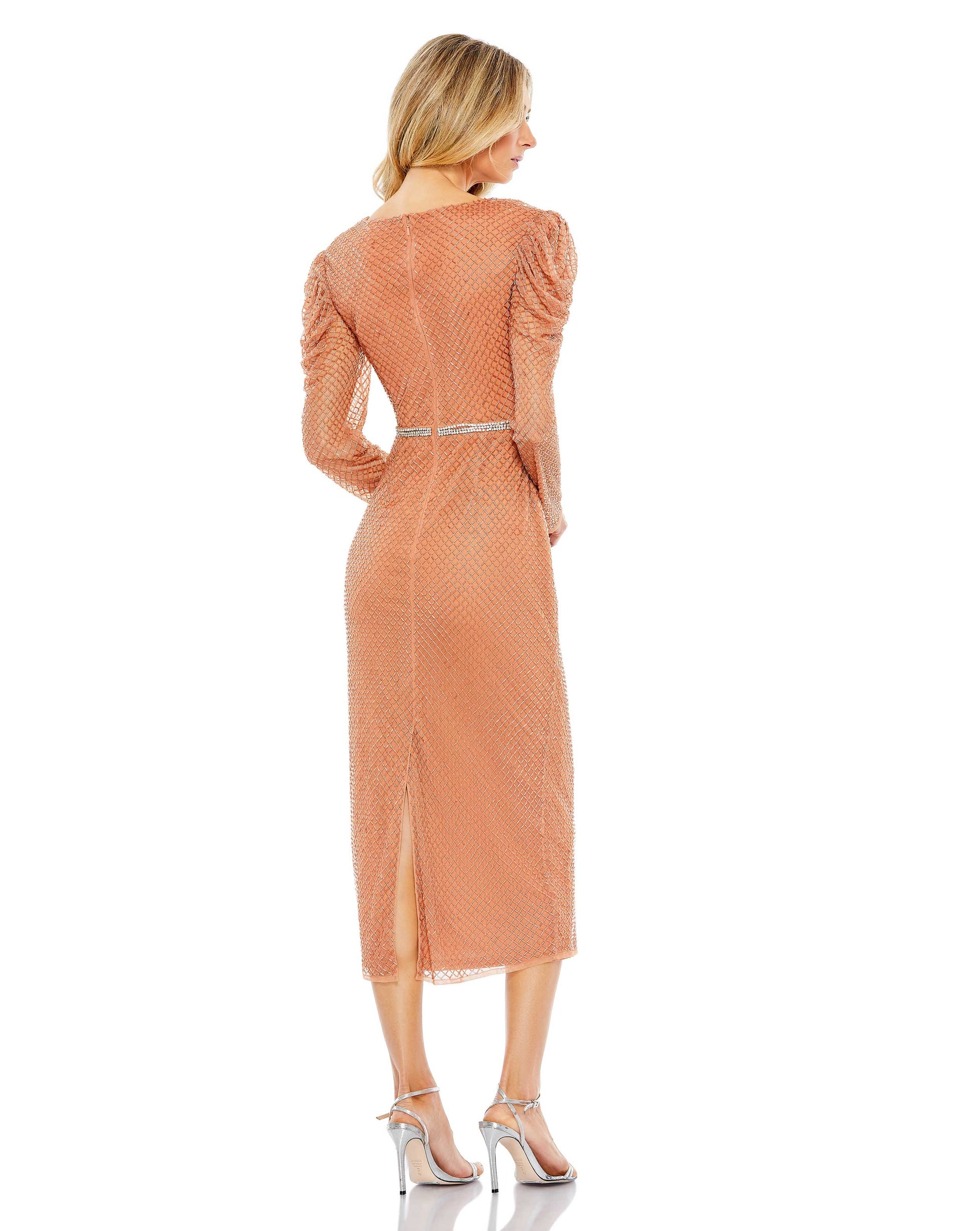 Mac Duggal 93674 Long Sleeve Formal Beaded Midi Dress
