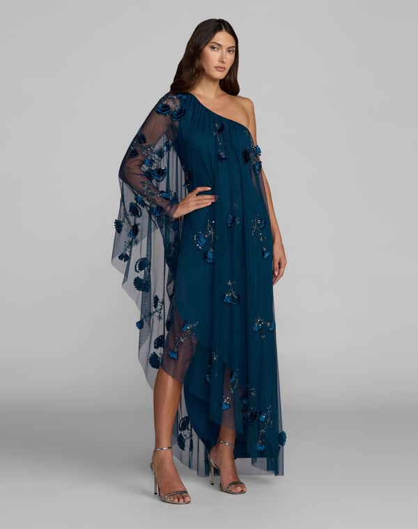 One-Shoulder Long Mesh Formal Dress Asymmetrical Cape Mac Duggal MD9374