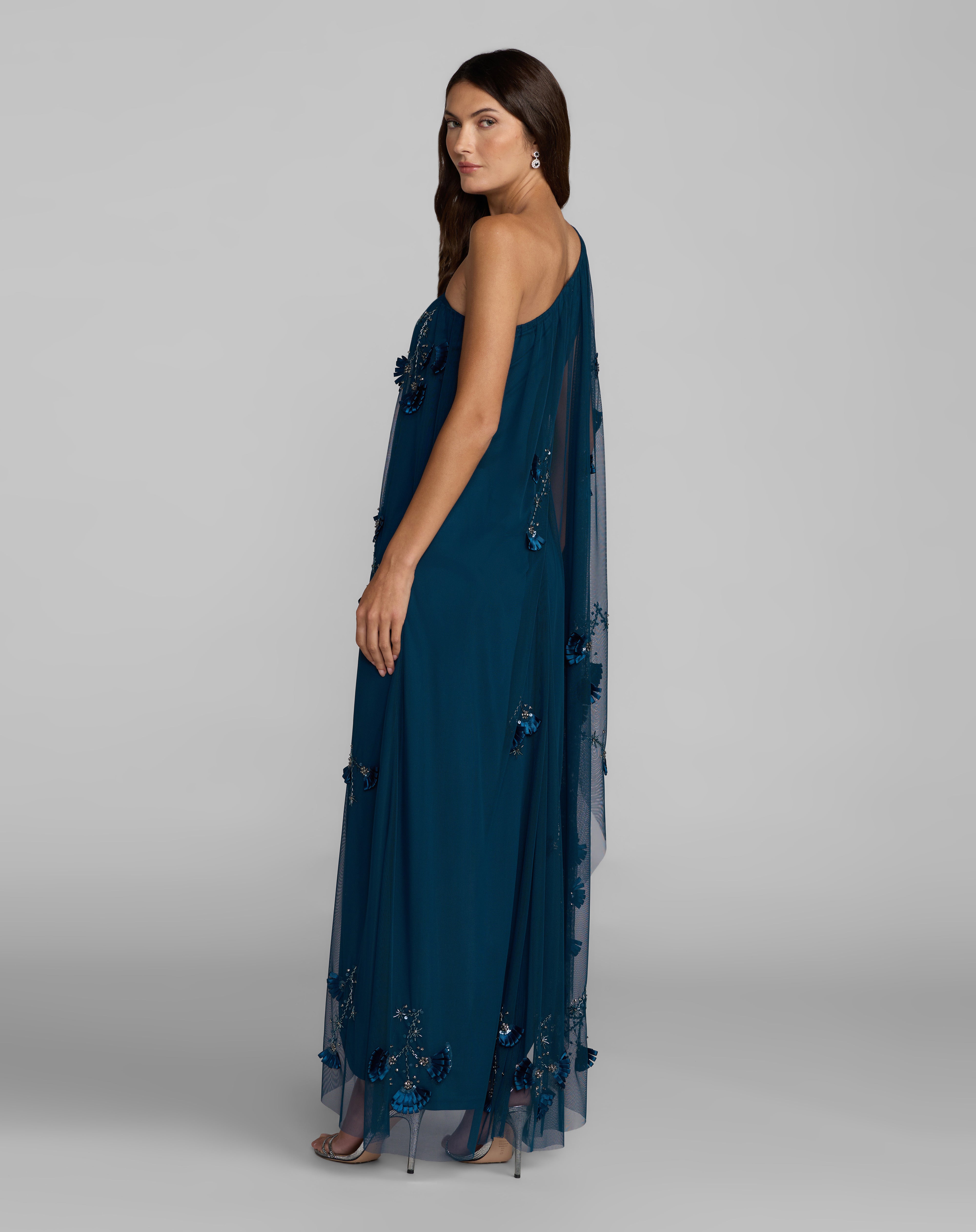 Twilight One-Shoulder Long Mesh Formal Dress Asymmetrical Cape Mac Duggal MD9374