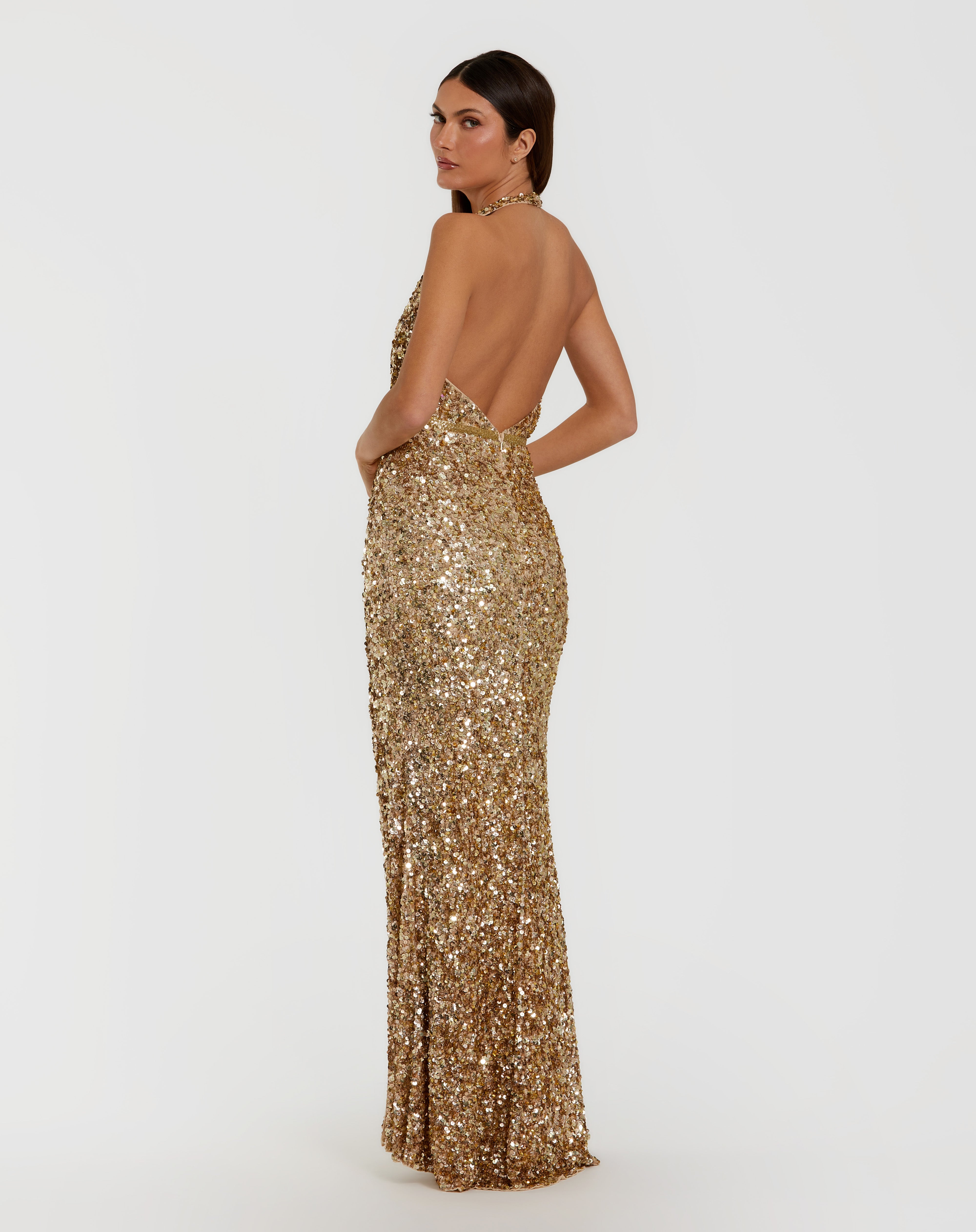 Gold Halter Floor-Length Sequin Prom High Slit Gown Mac Duggal 93745